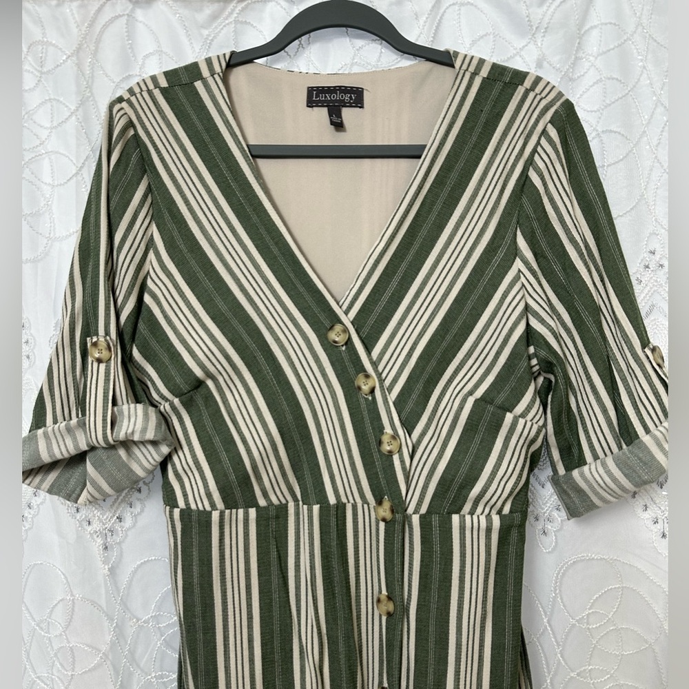 Green and White Striped Long Sleeve Dress